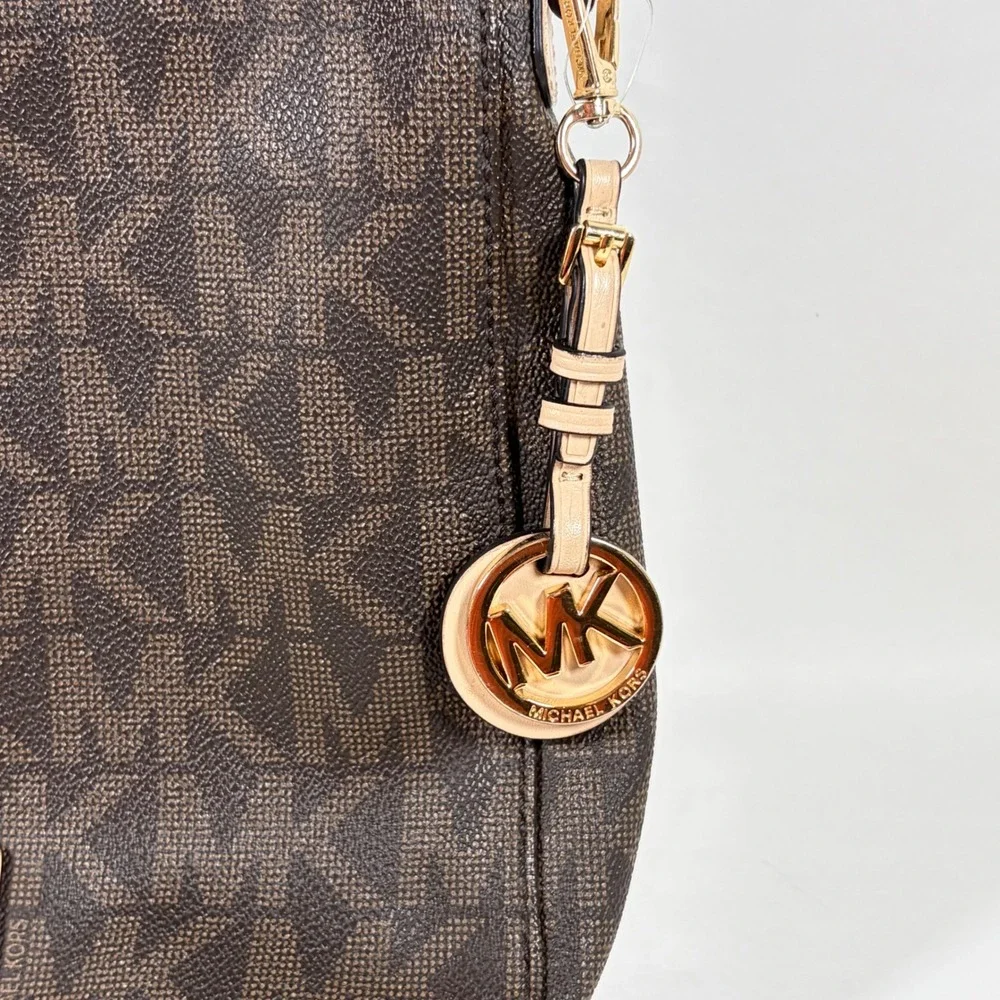 Michael Kors Jet Set Travel Large Messenger Bag Brown Monogram Gold Charm